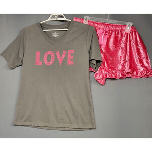 Bobbie Brooks Sleepwear Pj Set Womens XL Love Tee Gray Pink Velour Shorts New